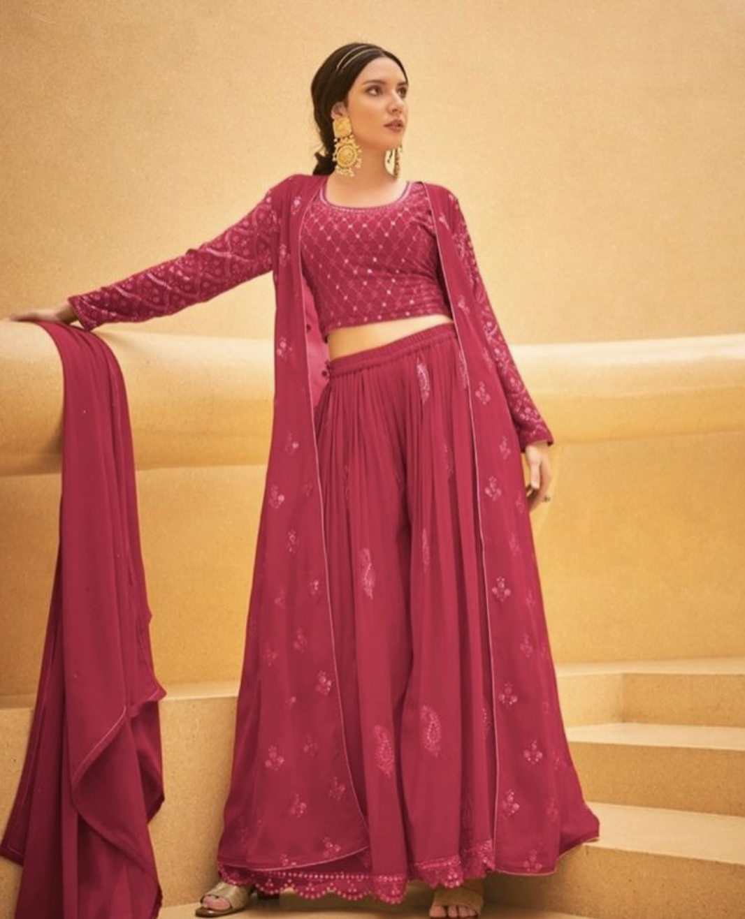 Hot Pink Zari Work Kurti with Sharara